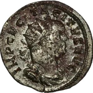 Buste radié, drapé et cuirassé de Tacite à droite.