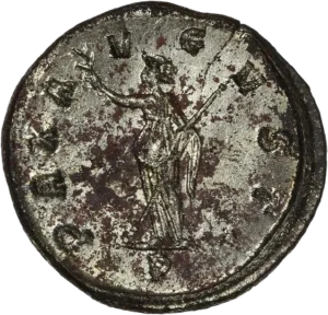 Pax debout à gauche, tenant un sceptre et un rameau d'olivier.