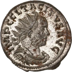 Buste radié et cuirassé de Tacite à droite.