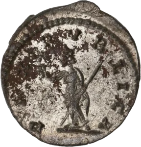 Pax debout à gauche, tenant un rameau d'olivier et un sceptre.