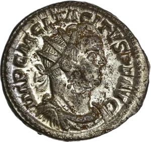 Buste radié, drapé et cuirassé de Tacite à droite.