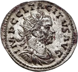 Buste radié, drapé et cuirassé de Tacite à droite.