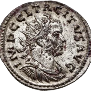 Buste radié, drapé et cuirassé de Tacite à droite.