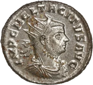 Buste radié, drapé et cuirassé de Tacite à droite.