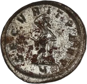 Sécuritas tournée a gauche, appuyée sur une colonne et portant sa main à la tête.