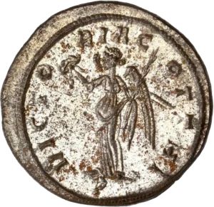 Victoria debout à gauche, tenant une couronne de lauriers.