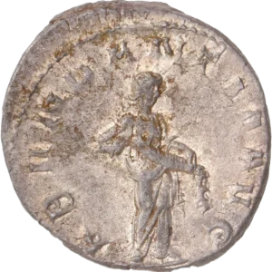 L'Abondance tournée à droite, derversant le contenu d'une corne d'abondance sur le sol.