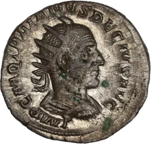 Buste drapé, cuirassé et diadémé de Trajan Dèce à droite.