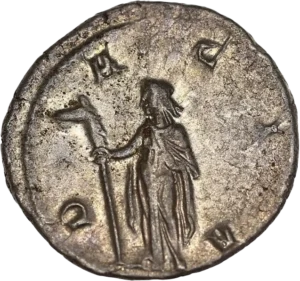 L'allégorie de la Dacie tournée à gauche et tenant un carnyx.