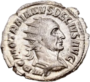 Buste drapé, cuirassé et diadémé de Trajan Dèce à droite.