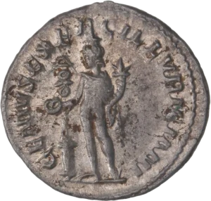 Le génie de l'illyrie tourné vers la gauche, tenant un patère au dessus d'un autel enflammé ainsi qu'une corne d'abondance. A l'arrière plan, une enseigne militaire.