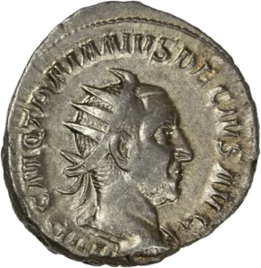 Buste drapé, cuirassé et diadémé de Trajan Dèce à droite.