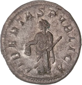 La Liberté drapée debout à gauche, tenant un bonnet et un sceptre transversal.