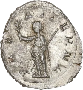 Pax tournée à gauche, tenant un sceptre et un rameau d'olivier.