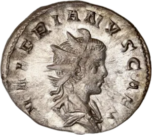 Buste radié, drapé et cuirassé de Valérien II à droite.