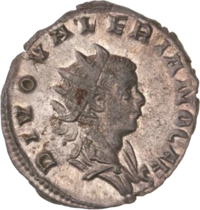 Buste lauré et drapé de Valérien II à droite.