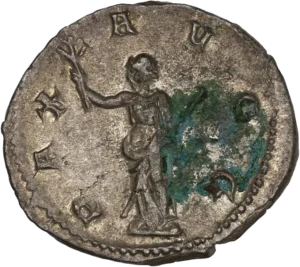 Pax à gauche, tenant un rameau d'olivier et un sceptre.