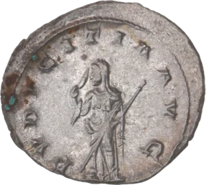 La pudeur drapée et voilée, tournée à gauche et tenant un sceptre long.