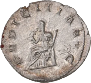 La pudeur assise à gauche, tenant un sceptre et se voilant le visage.