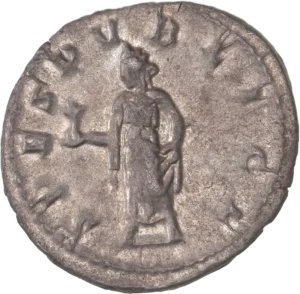 Spes drapée à gauche, tenant une fleur et relevant sa robe.