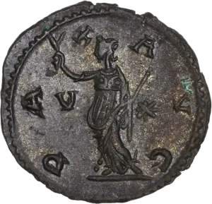 Pax debout à gauche, tenant un sceptre et un rameau d'olivier.