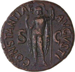 Constantia debout à gauche, casquée et vêtue militairement, levant la main droite et tenant un sceptre.