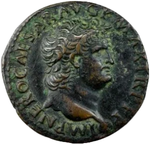 Tête nue de Néron à droite.