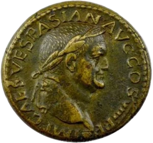 Tête laurée de Vespasien à droite.