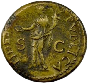 Fides tournée à gauche, tenant une patère et une corne d'abondance.