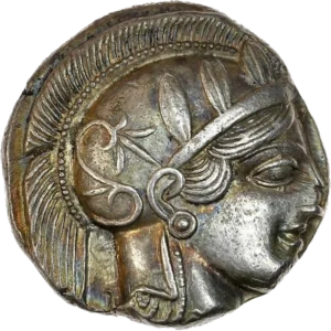 Tête d'Athéna à droite, coiffée du casque attique à cimier, orné de trois feuilles d'olivier et d'une palmette avec collier et boucles d'oreilles.