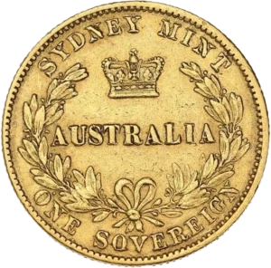 l'inscription "Australia" entourée d'une couronne végétale et surmonté d'une couronne.