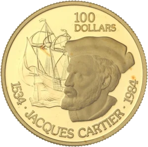 Portrait de Jacques Cartier et un navire.