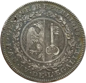 Écu rond parti aux armes de Genève dans une couronne formée de deux branches de chêne.