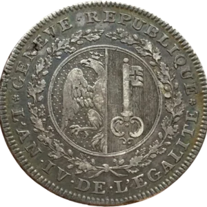 Écu rond parti aux armes de Genève dans une couronne formée de deux branches de chêne.