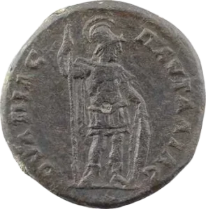 Mars debout à droite tenant une lance et un bouclier.