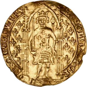 Charles V, couronné, debout sous un dais gothique accosté de lis.