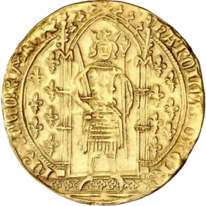 Charles V, couronné, debout sous un dais gothique accosté de lis.