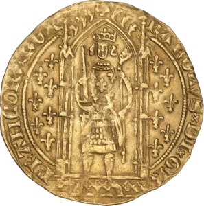 Charles V, couronné, debout sous un dais gothique accosté de lis.