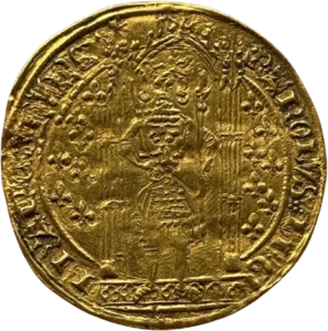 Charles V, couronné, debout sous un dais gothique accosté de lis.