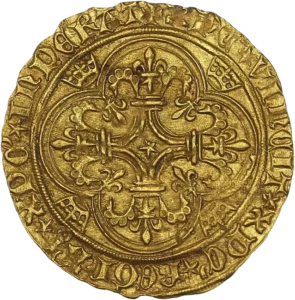 Croix fleurdelisée entouré de fleurs de lys dans un quadrilobe.