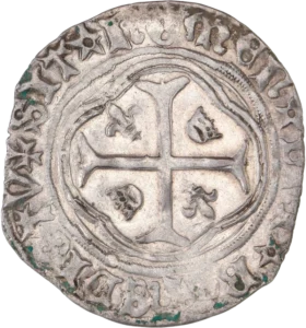 Croix cantonnée de lis et de couronnes.