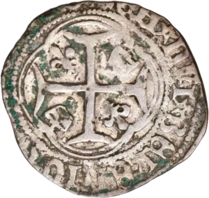 Croix cantonnée de lis et de couronnes.