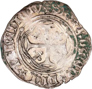 Croix cantonnée de lis et de couronnes.