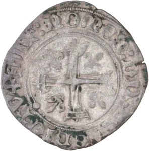 Croix terminée par des couronnes et entouré de lis.