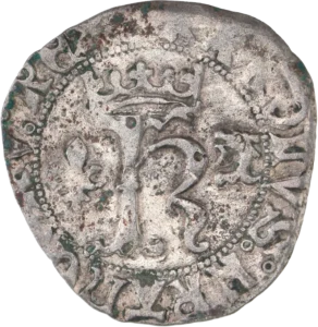 K couronné entouré d'un lis et d'un dauphin.