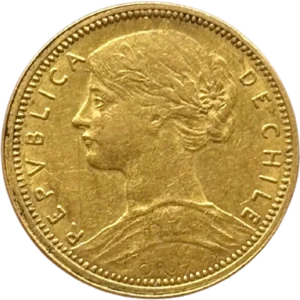 Buste lauré de la République à gauche, drapée dans le drapeau chilien.