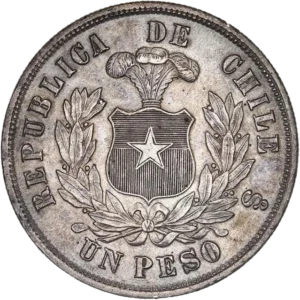 Armoiries du Chili (écu avec une étoile au centre, surmonté de trois plumes d'autruche) dans une couronne de laurier.