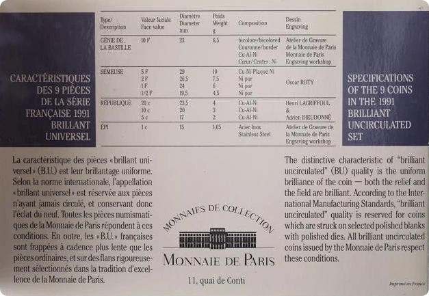 Coffret Monnaie de Paris "brillant universel" 1991.Coffret rare (2500 exemplaires) contenant les rares monnaies de 1 centime et 2 francs.