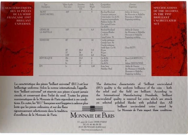 Coffret Monnaie de Paris "brillant universel" 1997.