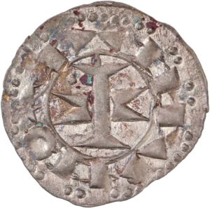 Croix composée d'une fasce et de deux étendards, cantonnée d'un besant .